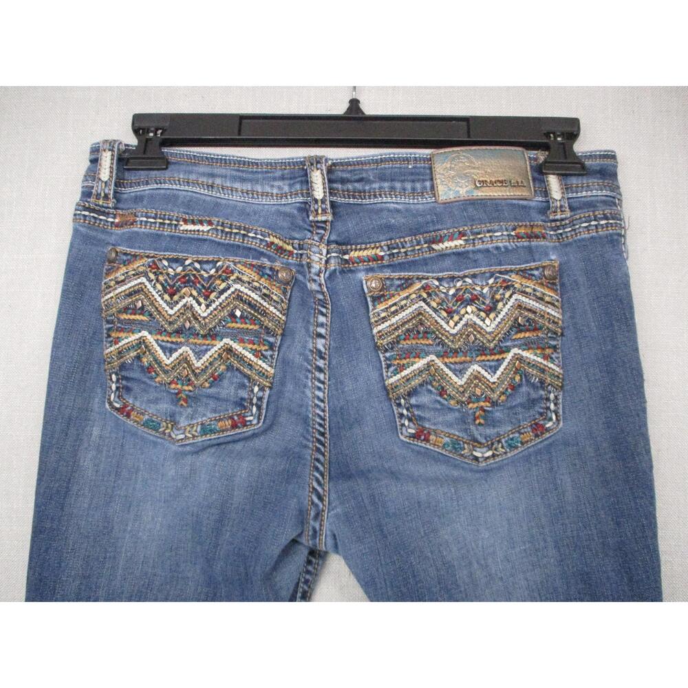 Gracie Blue Trendy Embroidered Distressed Bootcut Jeans Womens Size 30